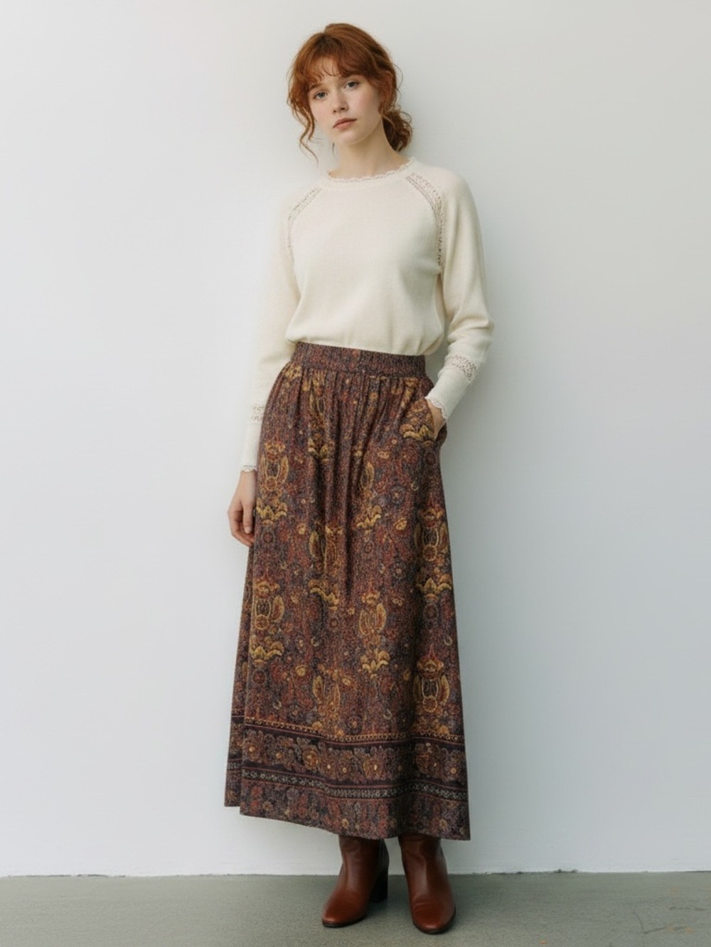 VTG 80s/90s Herman Geist Paisley Pleated Maxi Skirt 14 Rayon Border Print Boho